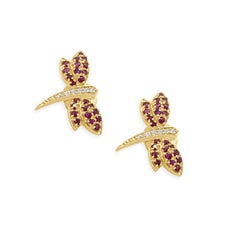 14K Yellow Gold Round Ruby and Round Diamond Dragonfly Pin