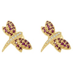 14K Yellow Gold Round Ruby and Round Diamond Dragonfly Pin