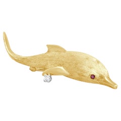 18K Yellow Gold Ruby and Diamond Dolphin Pin