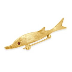 18K Yellow Gold Ruby and Diamond Dolphin Pin