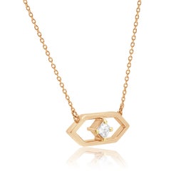 14K Rose Gold and Princess Cut Diamond Solitaire Open Hexagon Frame Necklace 16.