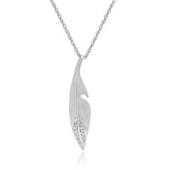 14K White Gold and Round Diamond Feather Pendant Necklace 16.0"