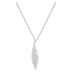 14K White Gold and Round Diamond Feather Pendant Necklace 16.0"