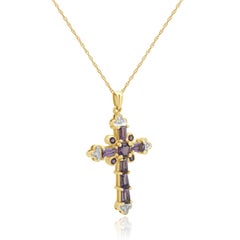 10K Yellow Gold Amethyst and Round Diamond Cross Pendant Necklace 18.0"