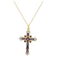 10K Yellow Gold Amethyst and Round Diamond Cross Pendant Necklace 18.0"
