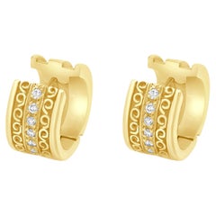 18K Yellow Gold and Round Diamond Huggie Earrings