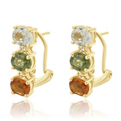 14K Yellow Gold and Oval Cut Multi-Color Sapphire 3-Stone Earrings