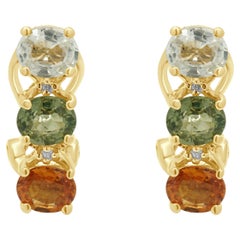 14K Yellow Gold and Oval Cut Multi-Color Sapphire 3-Stone Earrings