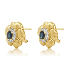 14K Yellow Gold Oval Blue Sapphire and Round Diamond Flower Earrings