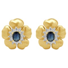 14K Yellow Gold Oval Blue Sapphire and Round Diamond Flower Earrings