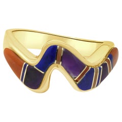 14K Yellow Gold and Multi-Color Gemstone Inlay Freeform Wave Ring