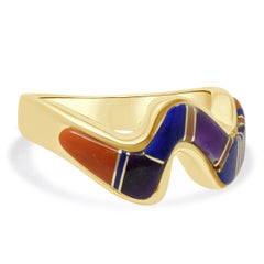 14K Yellow Gold and Multi-Color Gemstone Inlay Freeform Wave Ring