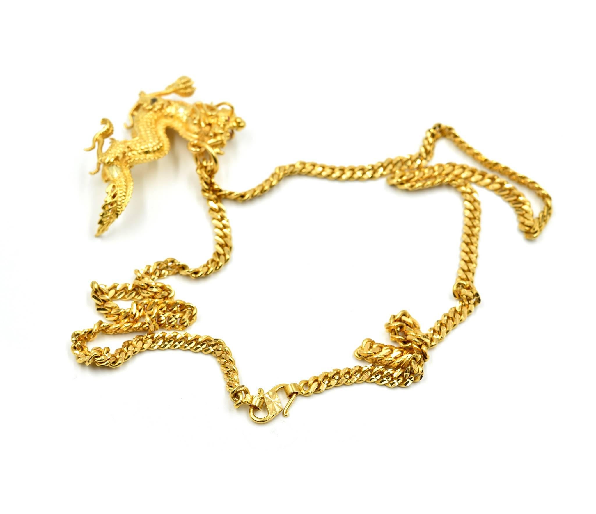 Round Cut Yellow Gold Oriental Ruby Dragon on 22 Karat Yellow Gold Curb Link Necklace
