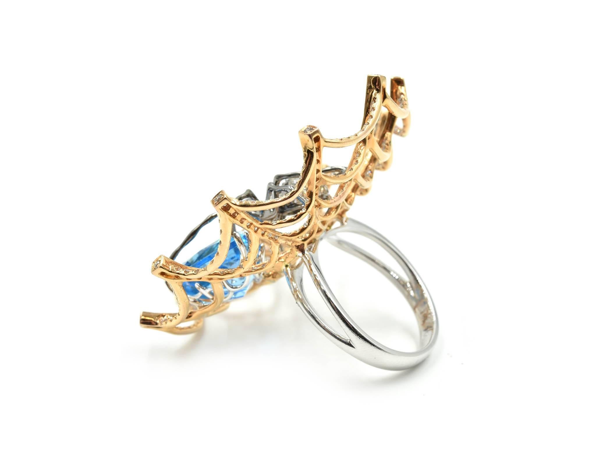 Trillion Cut Spider in Web Diamond and Blue Topaz Cocktail Ring