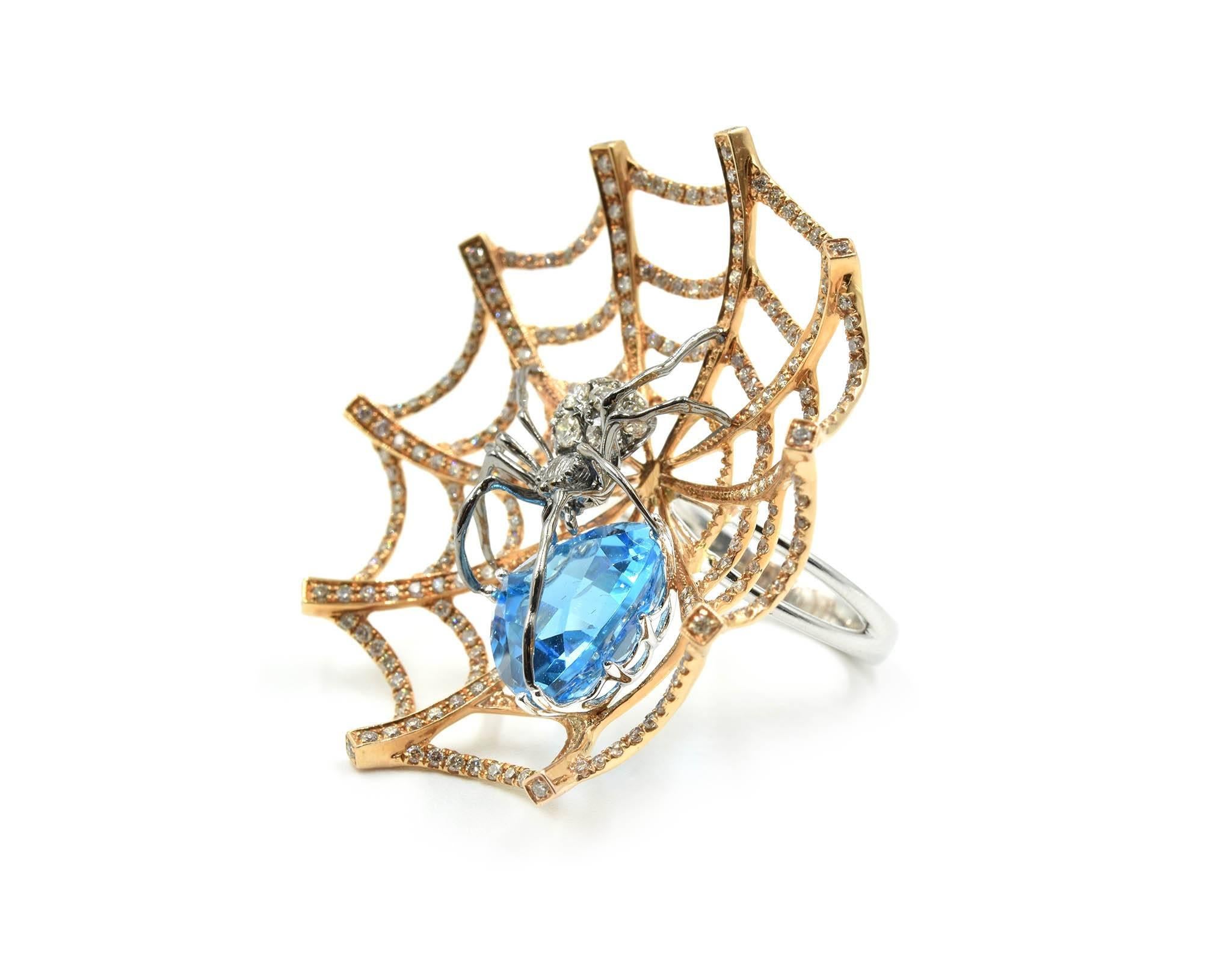 Modern Spider in Web Diamond and Blue Topaz Cocktail Ring