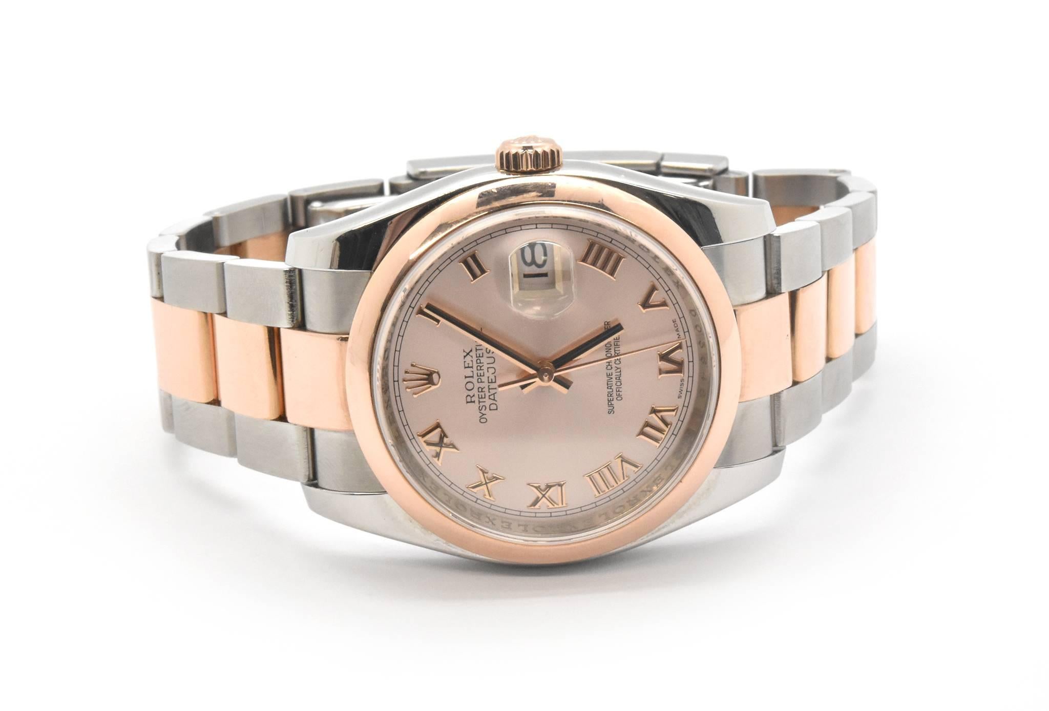 Movement: automatic
Function: hours, minutes, seconds, date
Case: 36mm stainless steel round case, sapphire crystal, screw-down crown, water resistant to 300 meters, 18k rose gold smooth bezel
Band: stainless steel and rose gold bracelet, folding