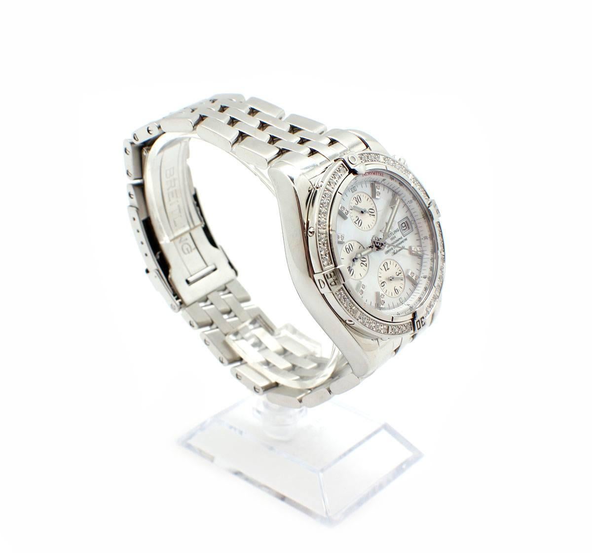 Movement: automatic
Function: hours, minutes, sub seconds, chronograph, date
Case: 44mm stainless steel case, diamond bezel, sapphire crystal
Band: stainless steel bracelet, steel deployment clasp, fits up to an 8.25-inch wrist
Dial: mother of pearl