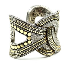 John Hardy Sterling Silver and 18k Yellow Gold Diamond Weaved Dot Cuff Bracelet