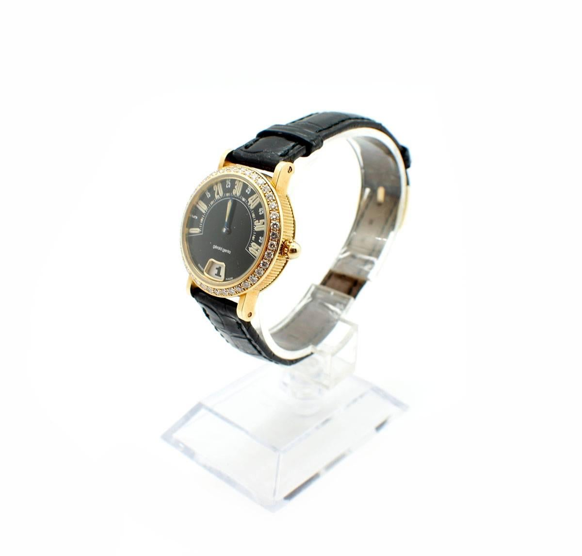 Movement: quartz
Function: hours, minutes, jump hour
Case: 28mm 18k yellow gold case, sapphire crystal, diamond bezel
Band: Gerald Genta black leather strap, 18k yellow gold tang buckle
Dial: black dial, luminous hands and hour markers
Reference #: