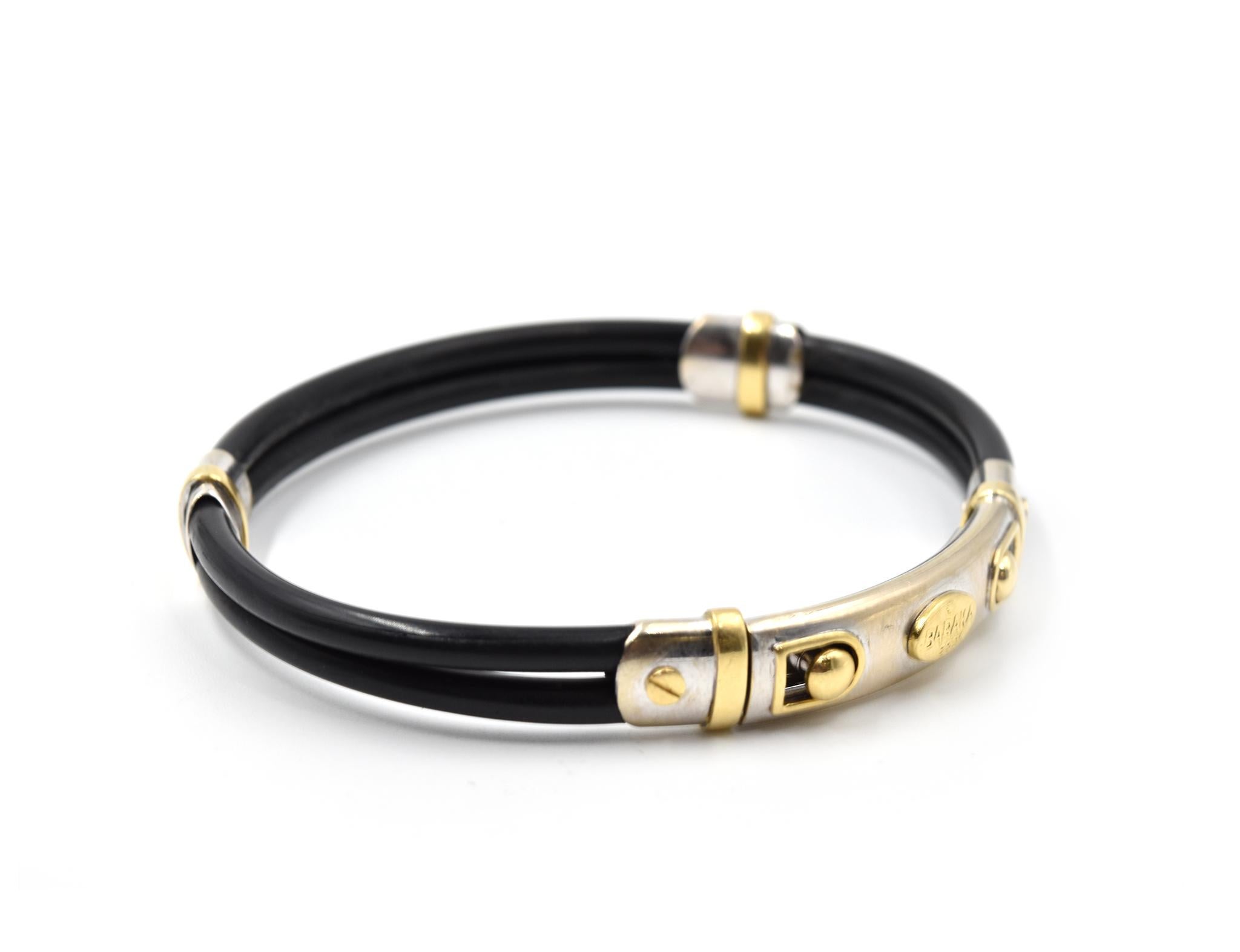 Designer: Baraka
Material: 18k two-tone gold and rubber
Size: bracelet will fit 8-inch wrist
Dimensions: bracelet is 8.9mm wide
Weight: 19.64 grams
