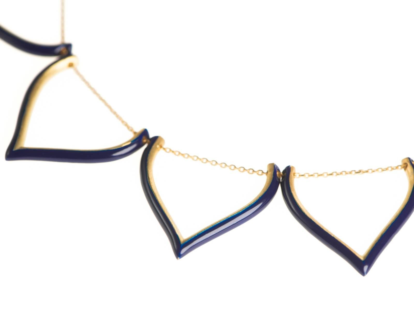 Contemporary Sterling Silver Gold-Plated Blue Enamel Lotus Shaped Motif Greek Chain Necklace For Sale