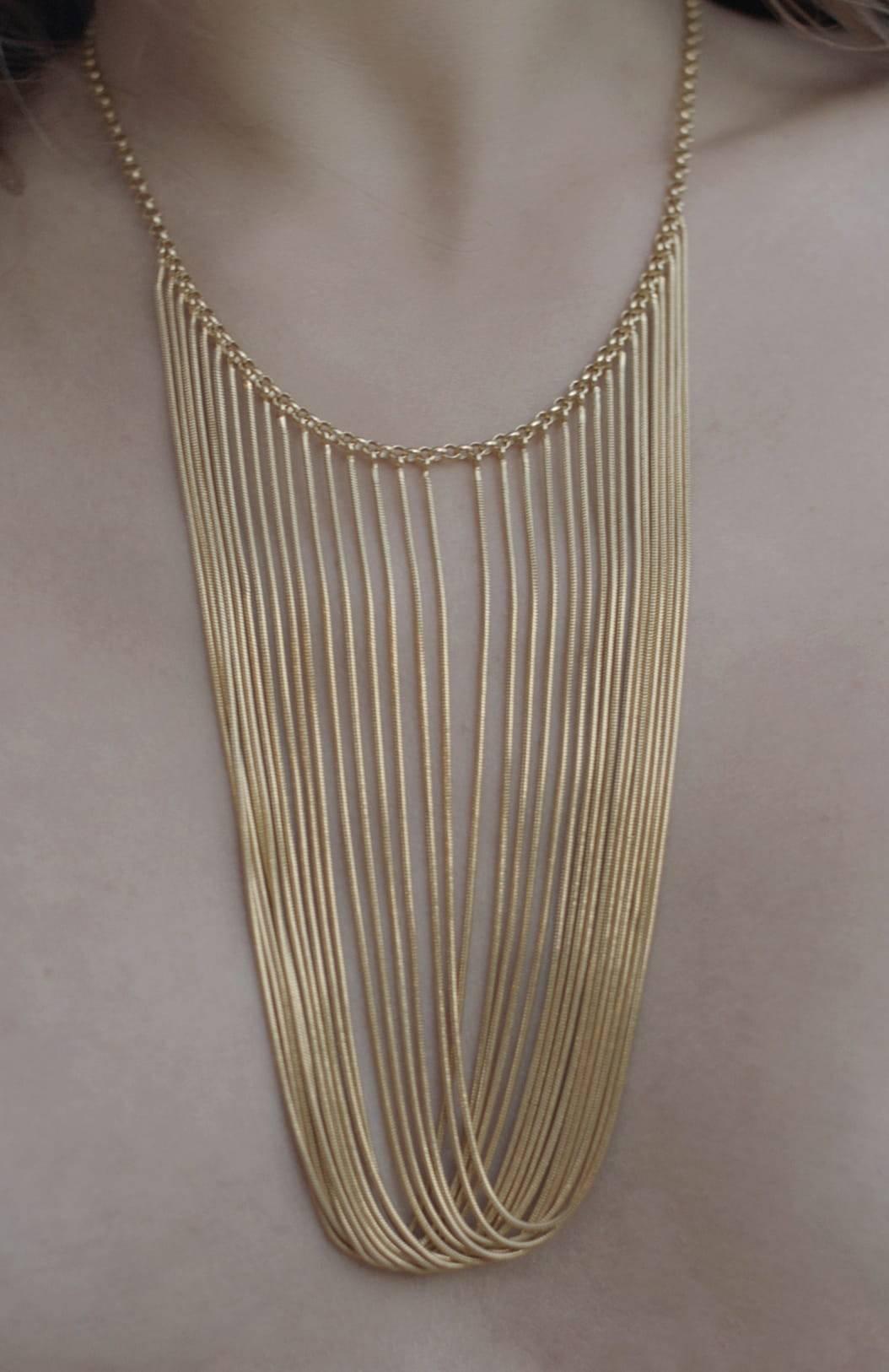Contemporary Statement Multi Snake Chain Rose Gold-Plated Brass Greek Necklace For Sale