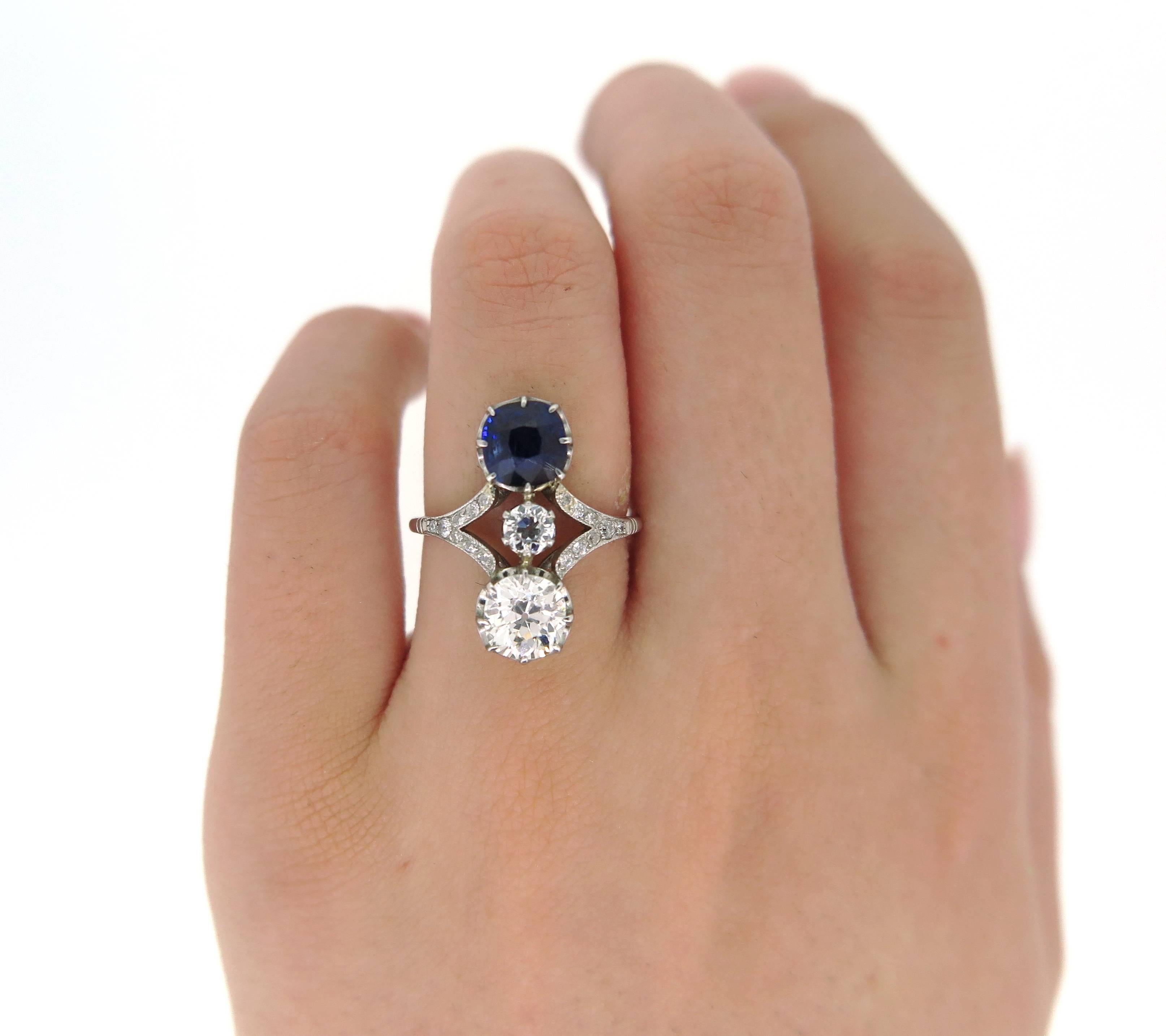 Old European Cut Art Deco Platinum Old Cut Diamond and Sapphire Ring For Sale
