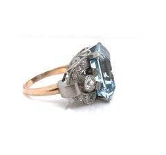 Pink Gold and Platinum Aquamarine and Diamond Vintage Retro Ring