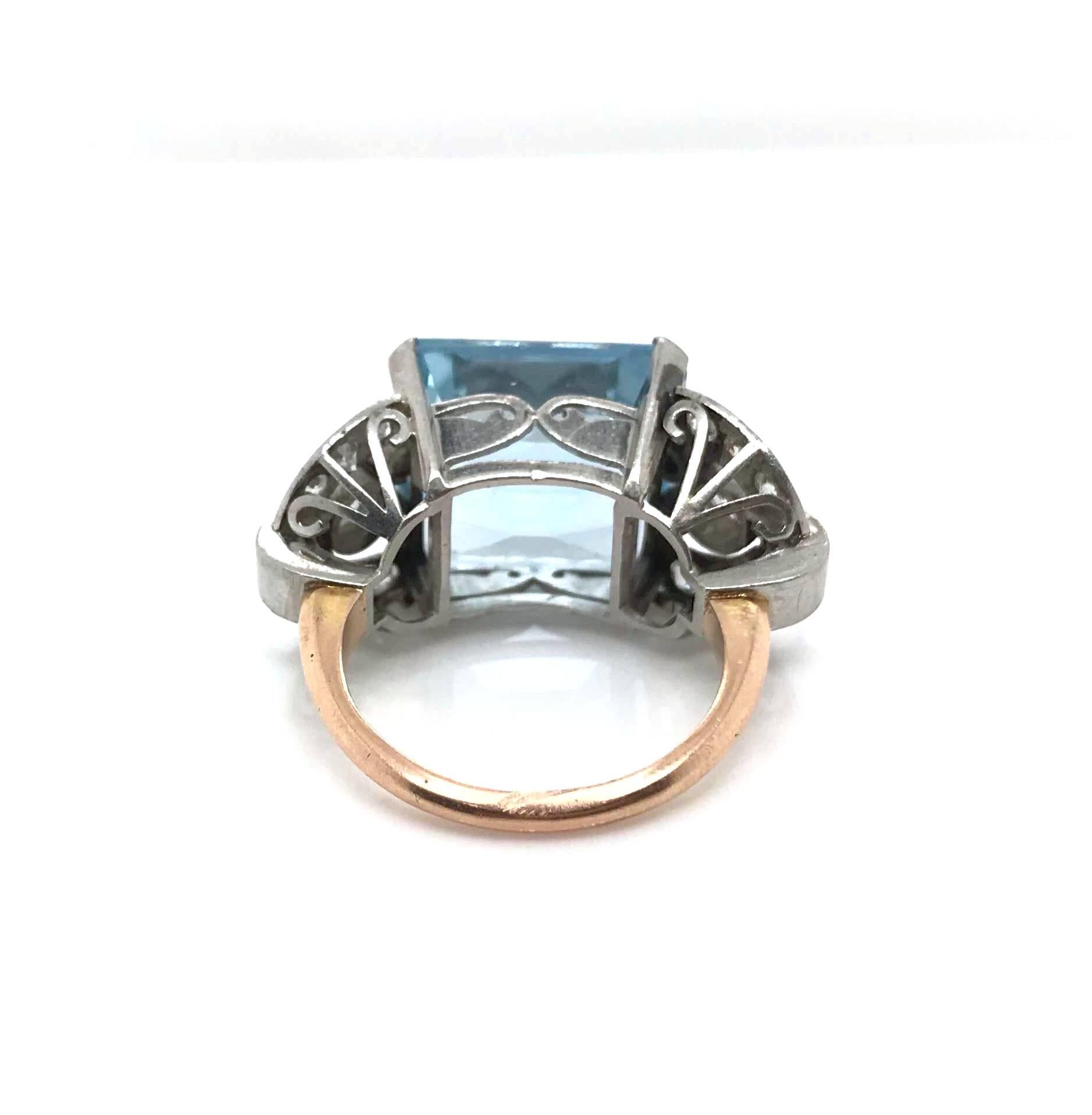 Emerald Cut Pink Gold and Platinum Aquamarine and Diamond Vintage Retro Ring For Sale
