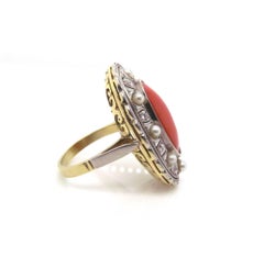Original 1930s Coral Pearl and Diamond Cocktail Ring