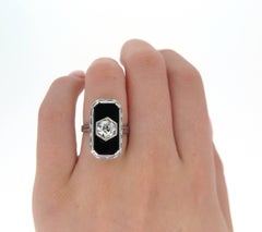 Original Art Deco White Gold, Onyx and Old Cushion Cut Diamond Ring