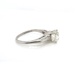 Art Deco Platinum Old Cushion Cut Diamond and Baguette Cut Diamond Ring