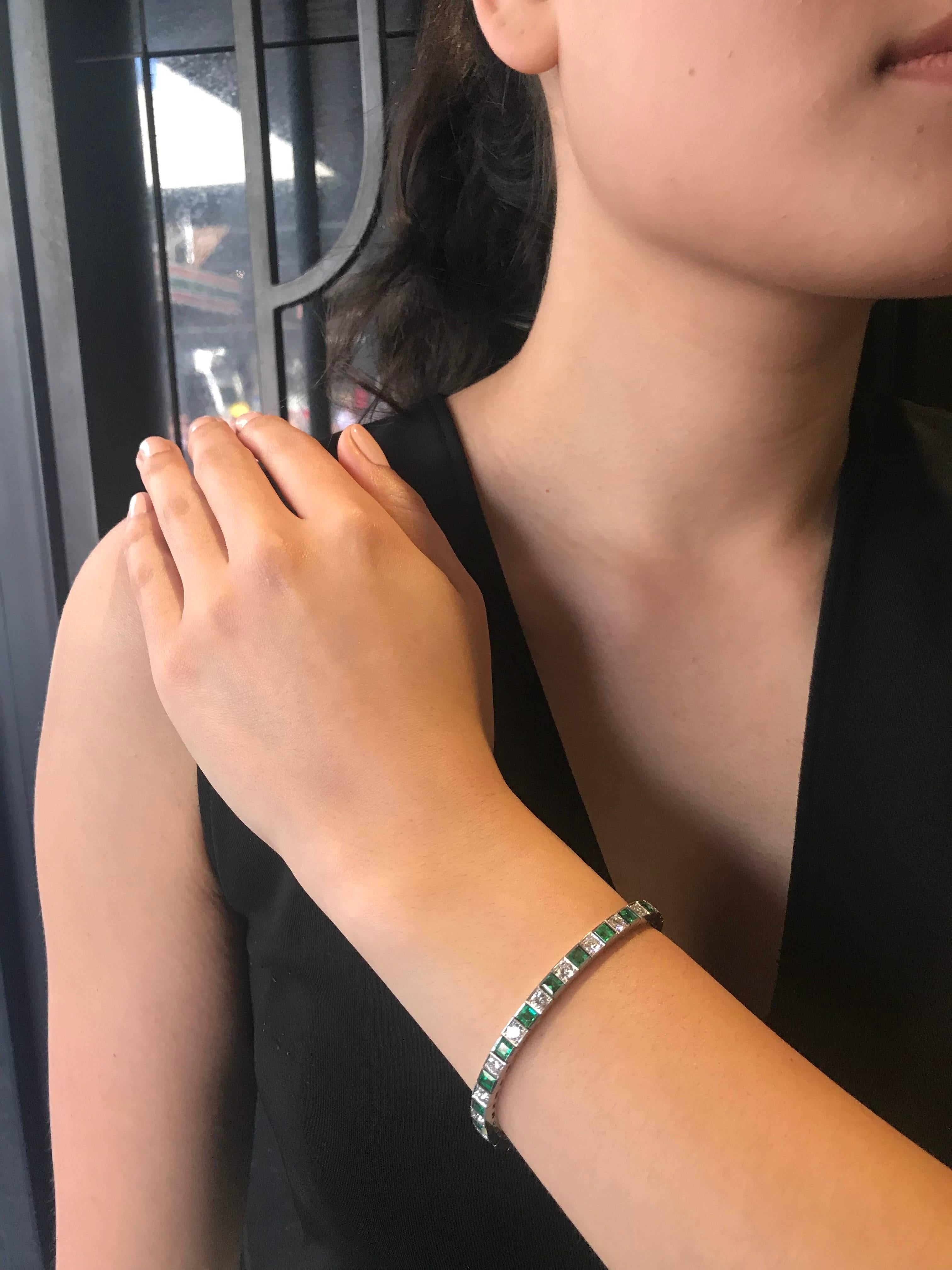 Emerald Cut Semi Flexible Diamond and Emerald Bracelet