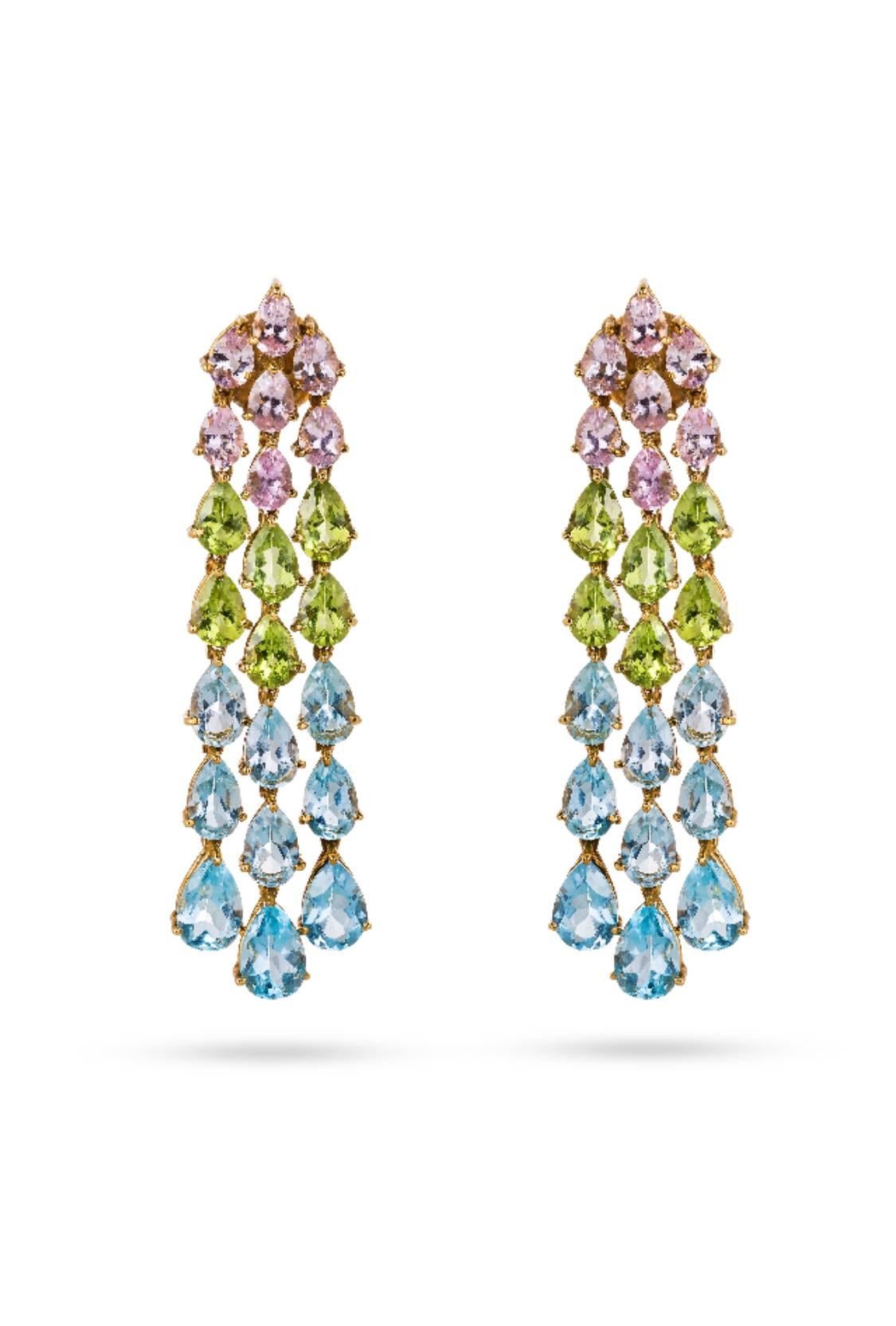 Each Earring is Set with 6 Pear Shaped Aquamarine Stones, 6 Pear Shaped Peridot Stones and 7 Pear Shaped Kunzit Stones on 18k Yellow Gold.
Total aquamarine: 18.62 carats.
Total peridot: 7.76 carats.
Total kunzit: 5.6 carats.

