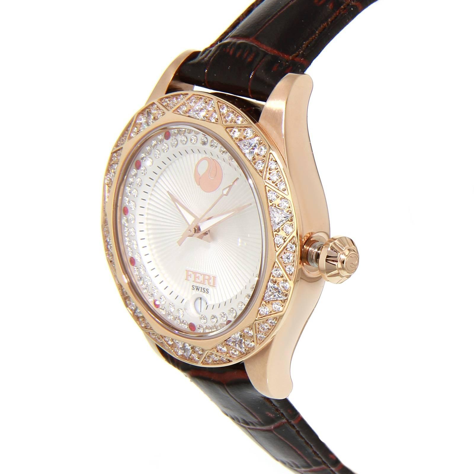 Rose Tone White Face Red leather Strap Branded Women Watch by Feri In New Condition For Sale In Valenton, FR