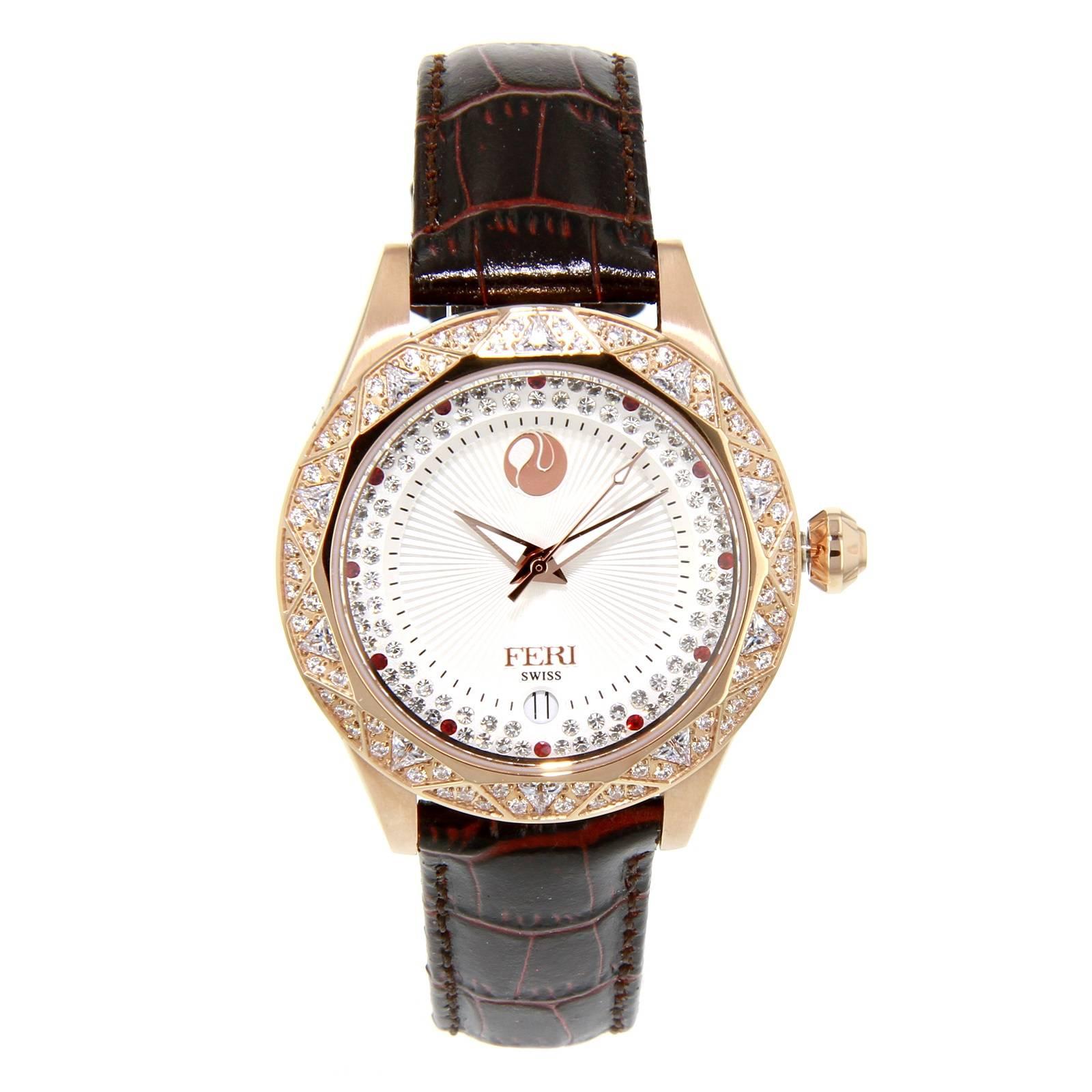 Rose Tone White Face Red leather Strap Branded Women Watch by Feri For Sale