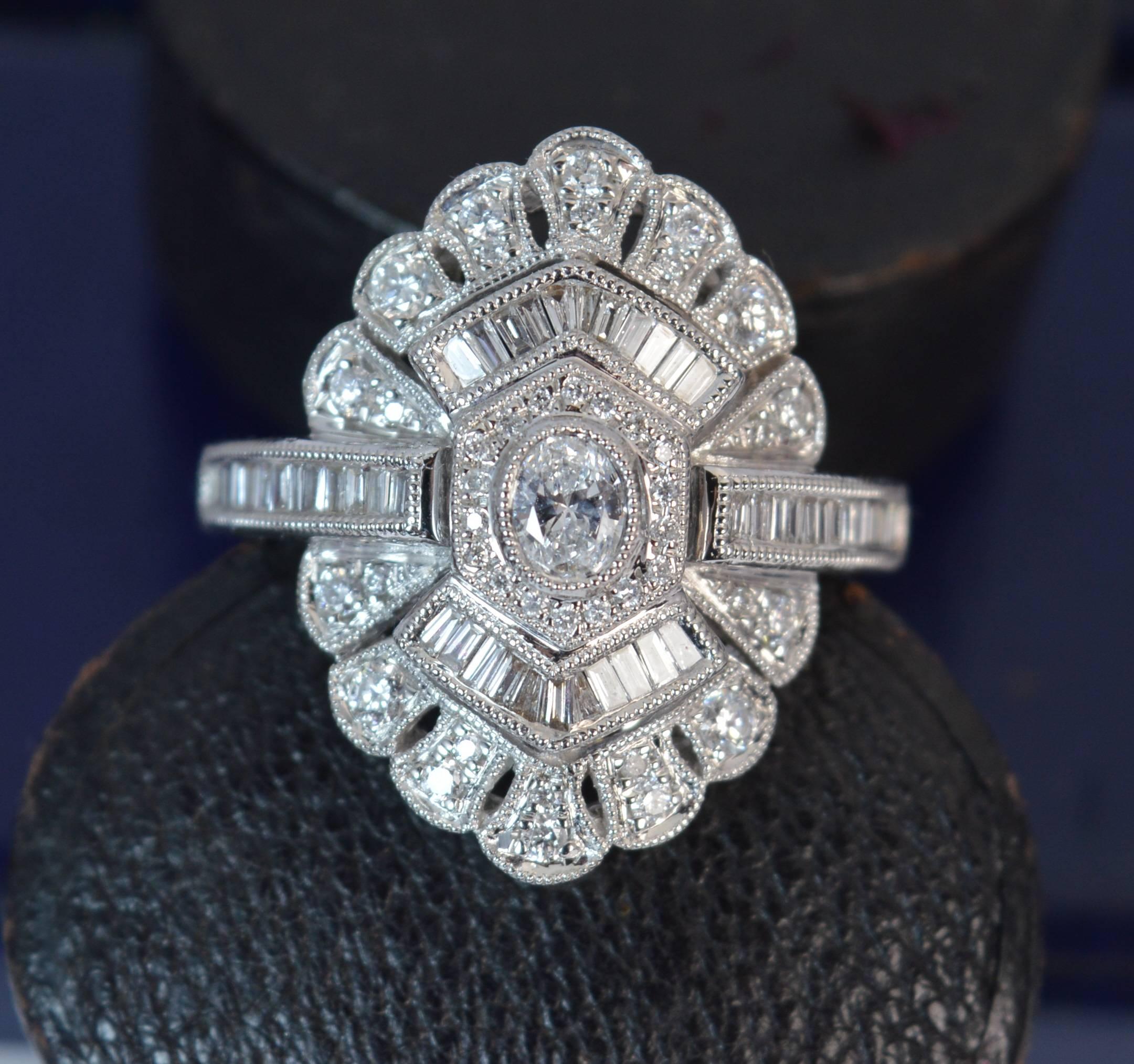 Oval Cut Edwardian Design 18 Carat White Gold and Diamond Cluster Ring