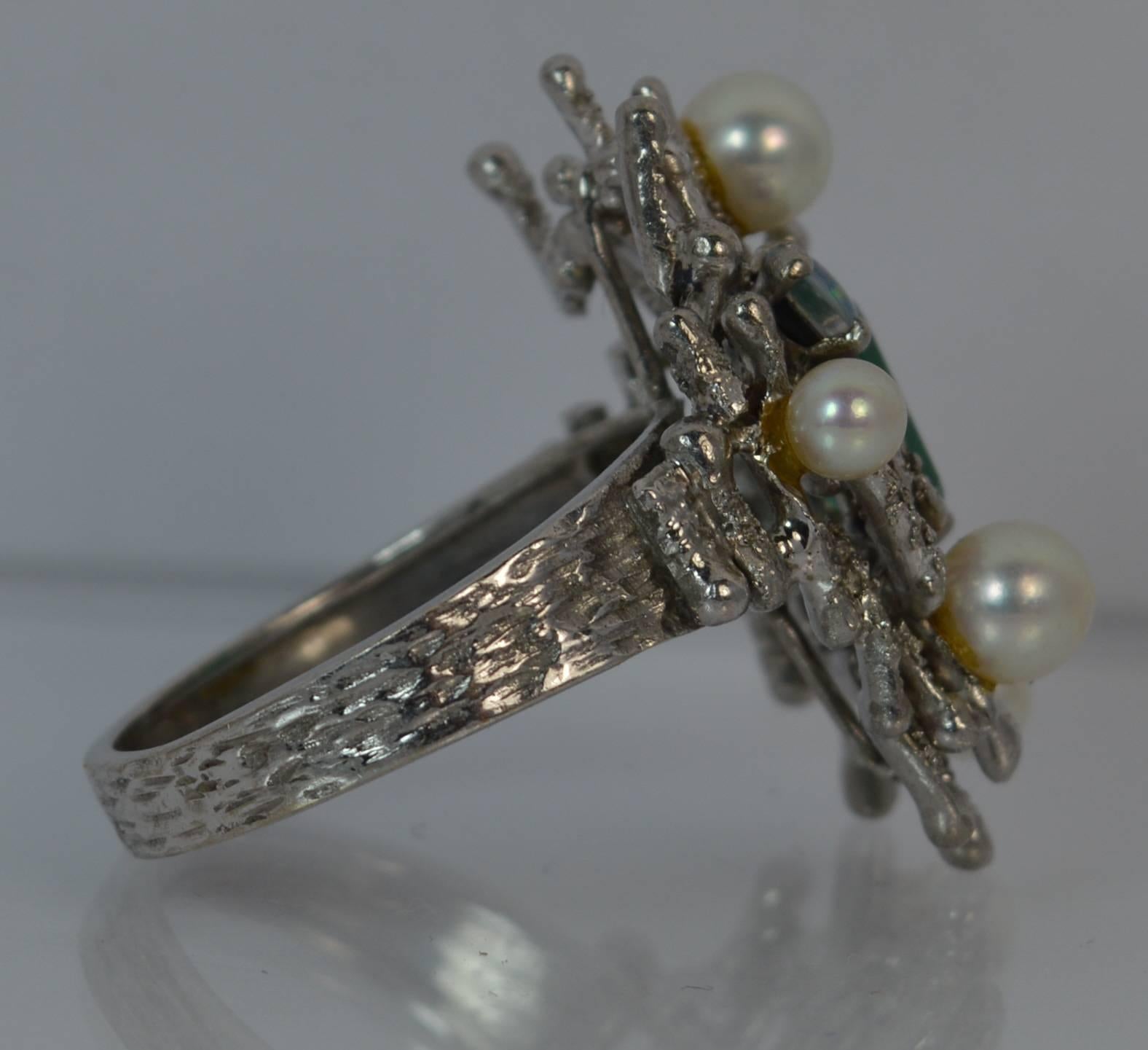 Emerald Opal and Pearl 18 Carat White Gold Cocktail Ring 3