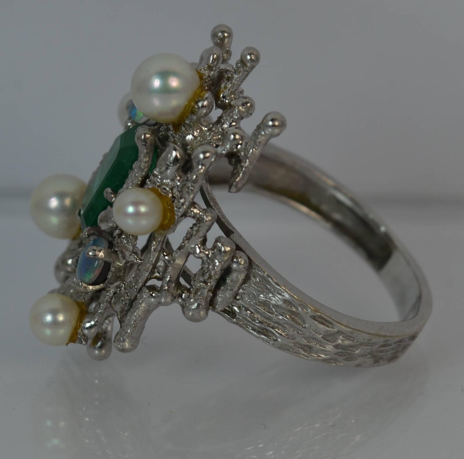 Emerald Opal and Pearl 18 Carat White Gold Cocktail Ring 1
