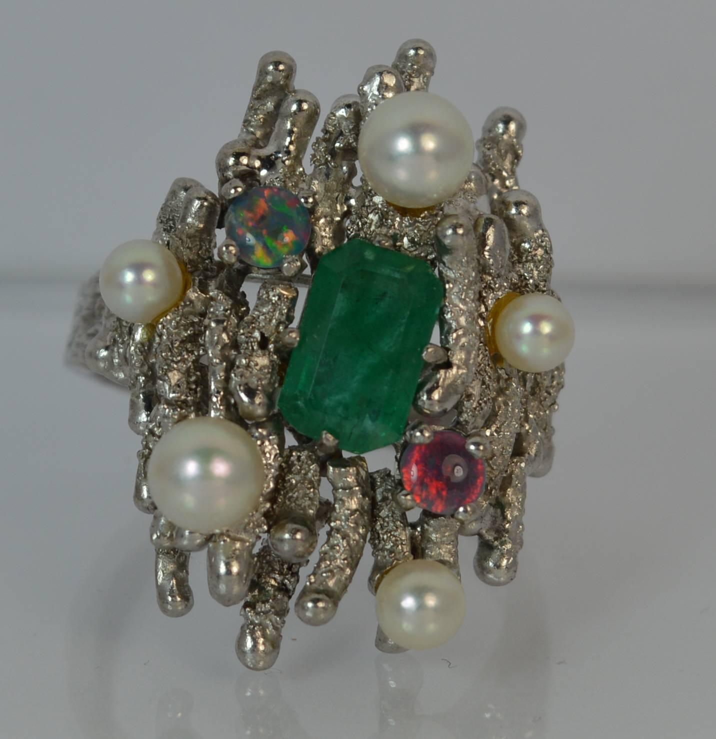 Women's Emerald Opal and Pearl 18 Carat White Gold Cocktail Ring