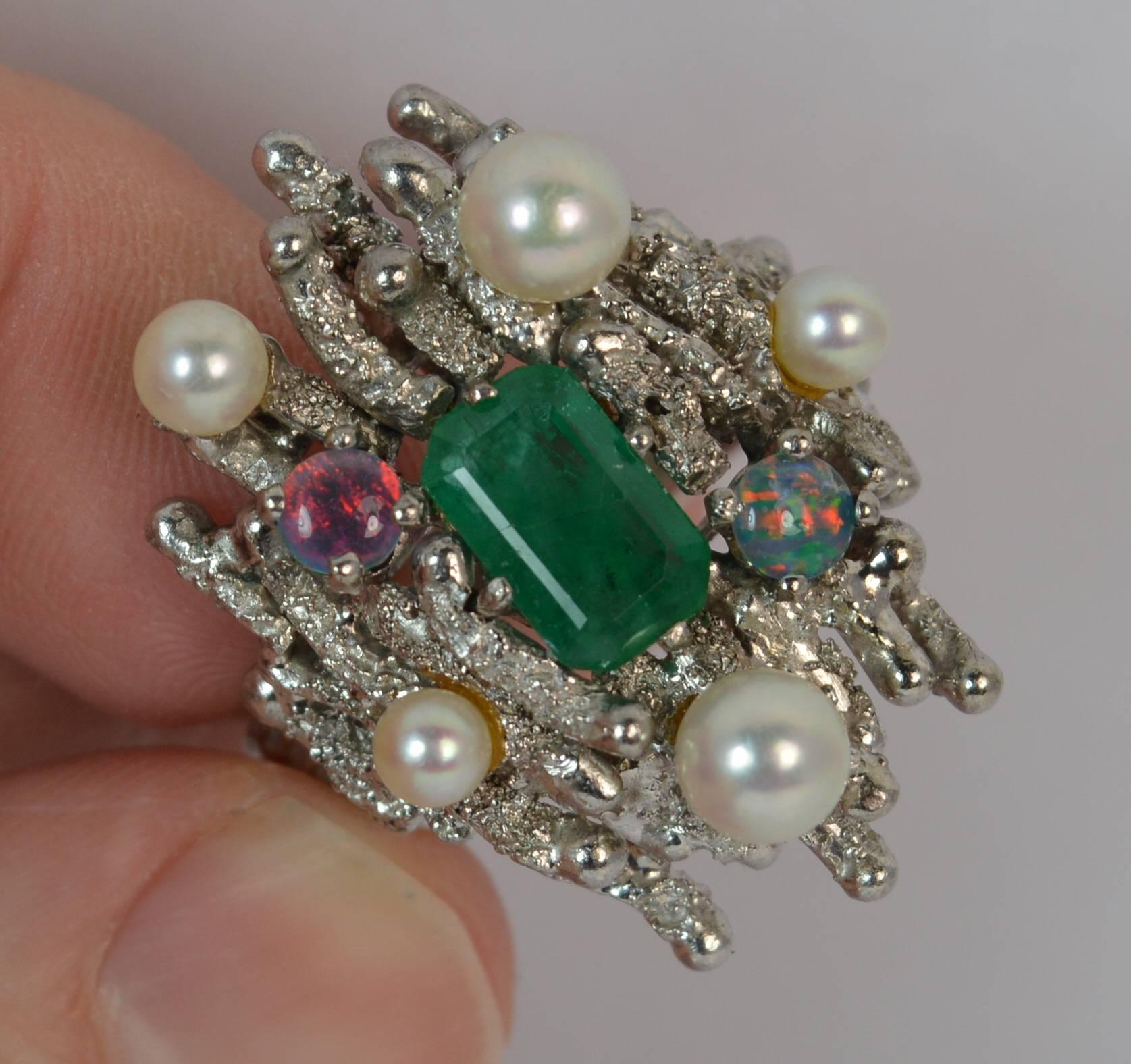 Emerald Opal and Pearl 18 Carat White Gold Cocktail Ring In Good Condition In St Helens, GB