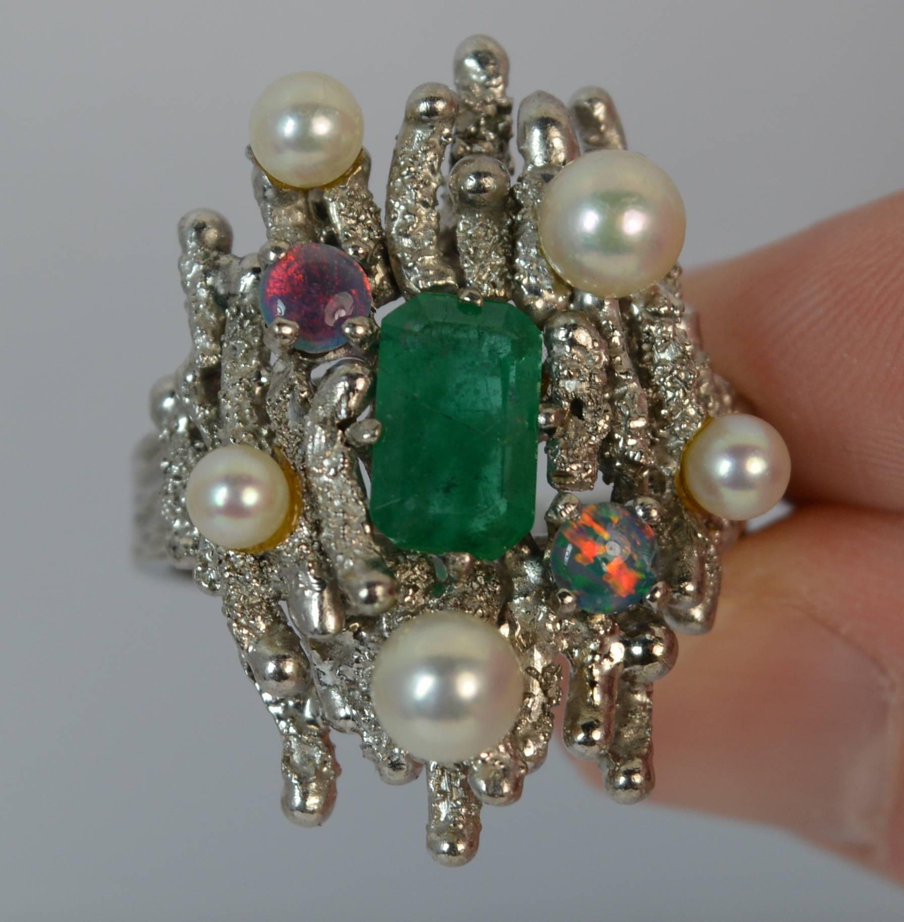 Retro Emerald Opal and Pearl 18 Carat White Gold Cocktail Ring