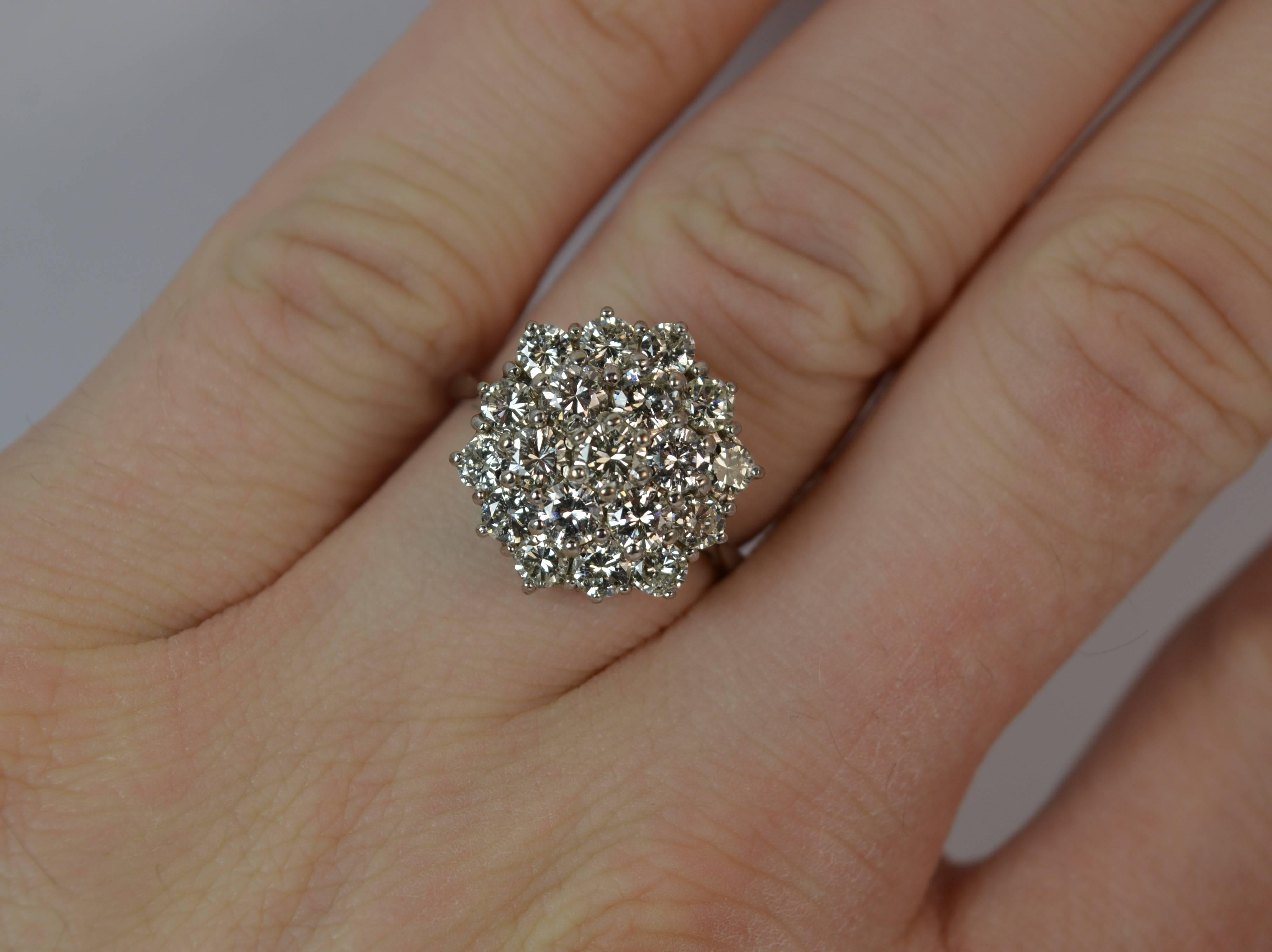 
A superb diamond cluster ring.

Solid 18 carat white gold shank and setting.

Designed with 19 natural round brilliant cut diamonds to total approx 2.30 carats in total.

​Very clean and sparkly diamonds. Vs-Si1 clarity. 14mm x 15mm head,
