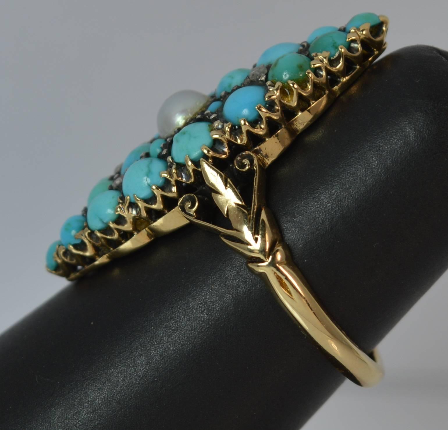 Victorian 18 Carat Gold Pearl and Turquoise Marquise Navette Ring 3