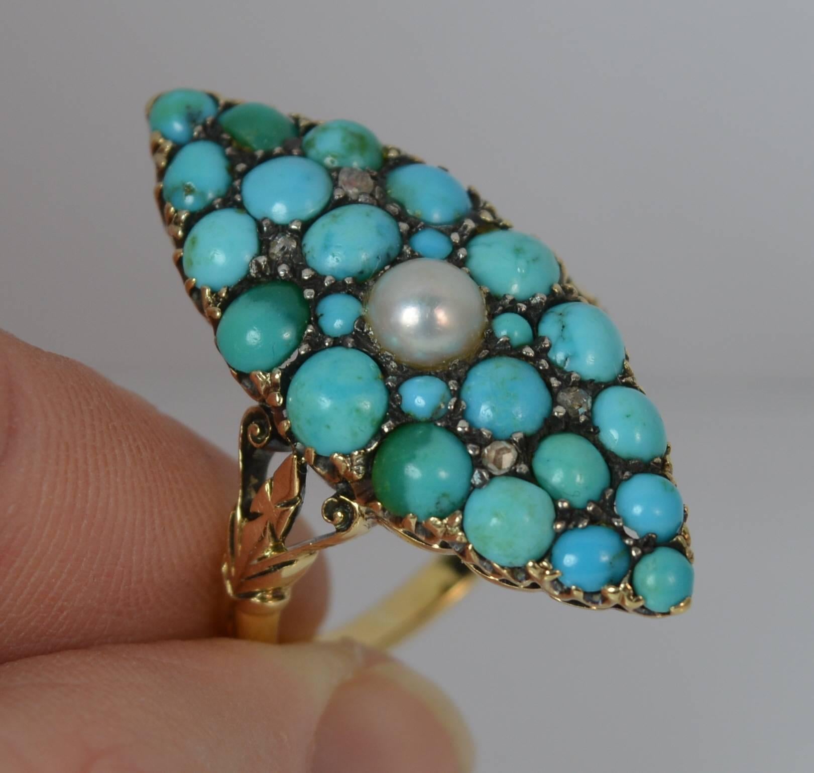 Victorian 18 Carat Gold Pearl and Turquoise Marquise Navette Ring 1