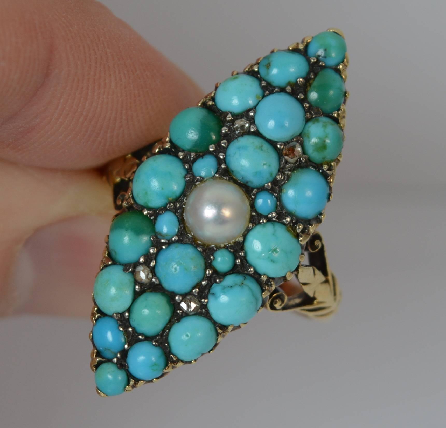 Women's or Men's Victorian 18 Carat Gold Pearl and Turquoise Marquise Navette Ring