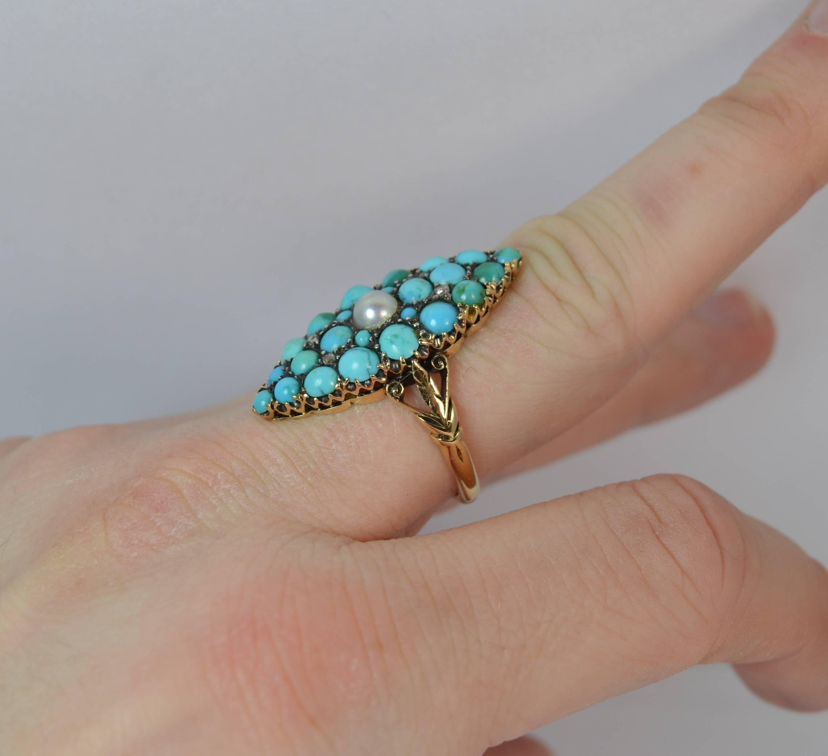 Victorian 18 Carat Gold Pearl and Turquoise Marquise Navette Ring In Good Condition In St Helens, GB