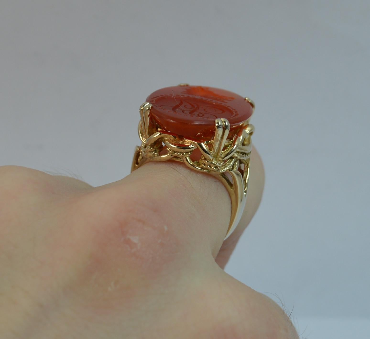 Large Wild Boar Head Carnelian Agate and 9 Carat Gold Intaglio Seal Signet Ring In Good Condition In St Helens, GB
