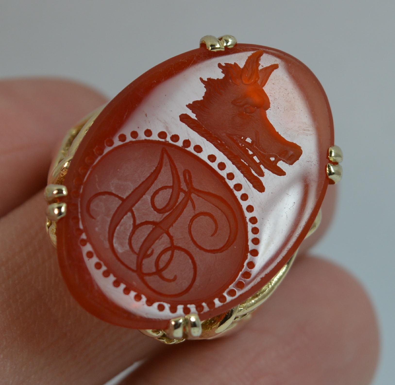 Large Wild Boar Head Carnelian Agate and 9 Carat Gold Intaglio Seal Signet Ring 1