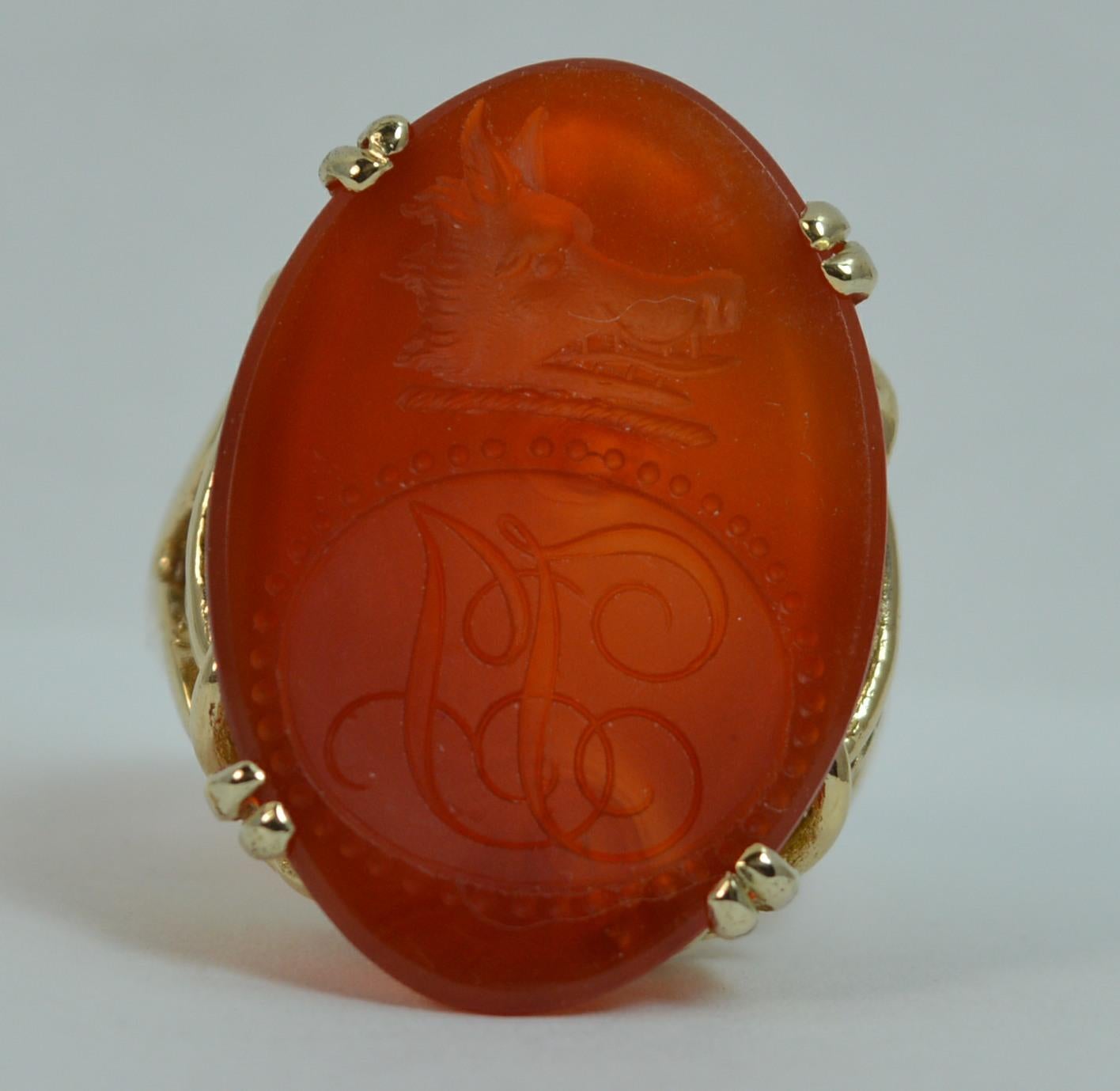 Large Wild Boar Head Carnelian Agate and 9 Carat Gold Intaglio Seal Signet Ring 5
